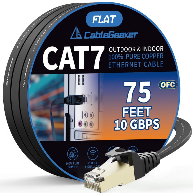 CableGeeker Cat 7 Ethernet Cable 75ft Shielded,Flat Ethernet Patch Cables - High Speed Internet Cable for Modem, Router, LAN, Computer - Compatible with Cat 5e,Cat 6 Network - Black - Image 1